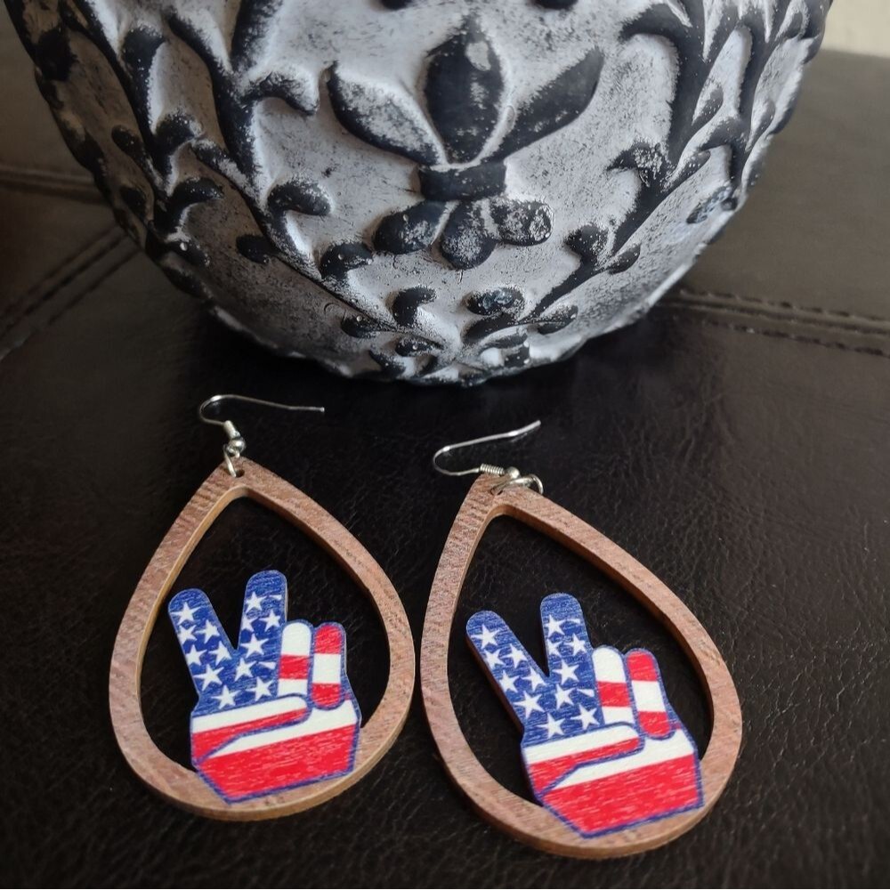 Patriotic Peace Sign Wooden Laser Cut Teardrop Earrings